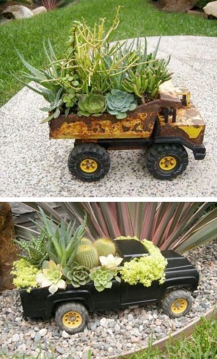 Old toy trucks being used as planters for succulents