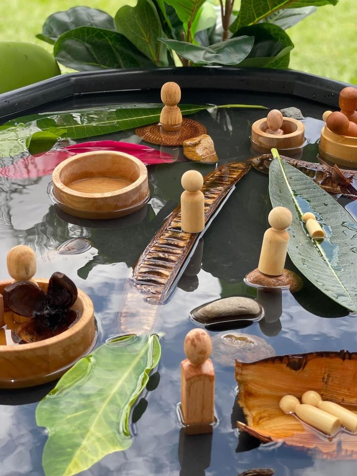 This may contain: an assortment of wooden objects sitting on top of a water table with leaves and rocks