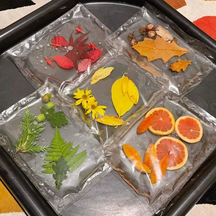This may contain: the tray is filled with different types of leaves and flowers on ice cubes,