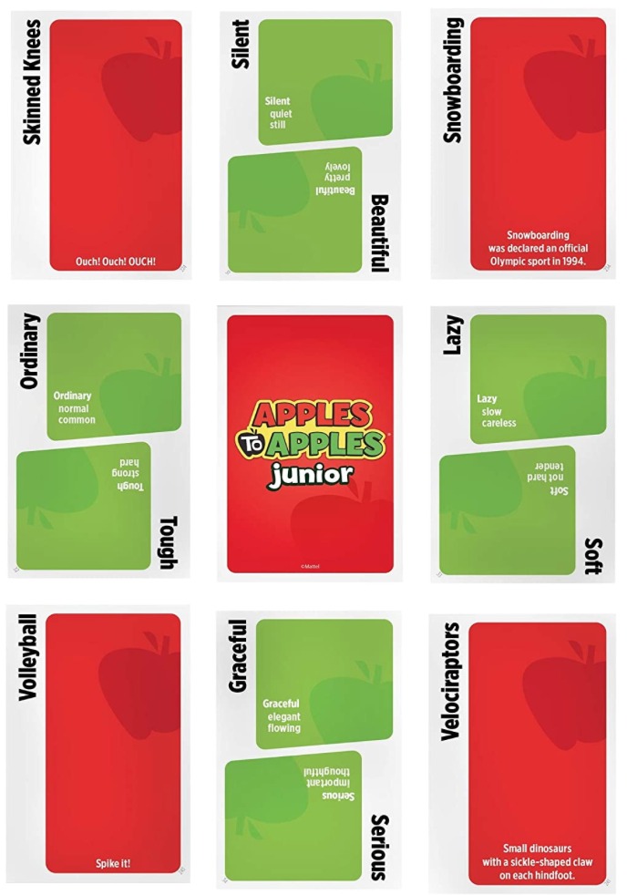 This is a photo of some Apples to Apples Junior game cards.