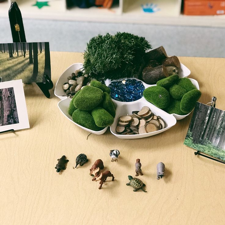This may contain: there are many small toys in the bowl on the table next to books and pictures