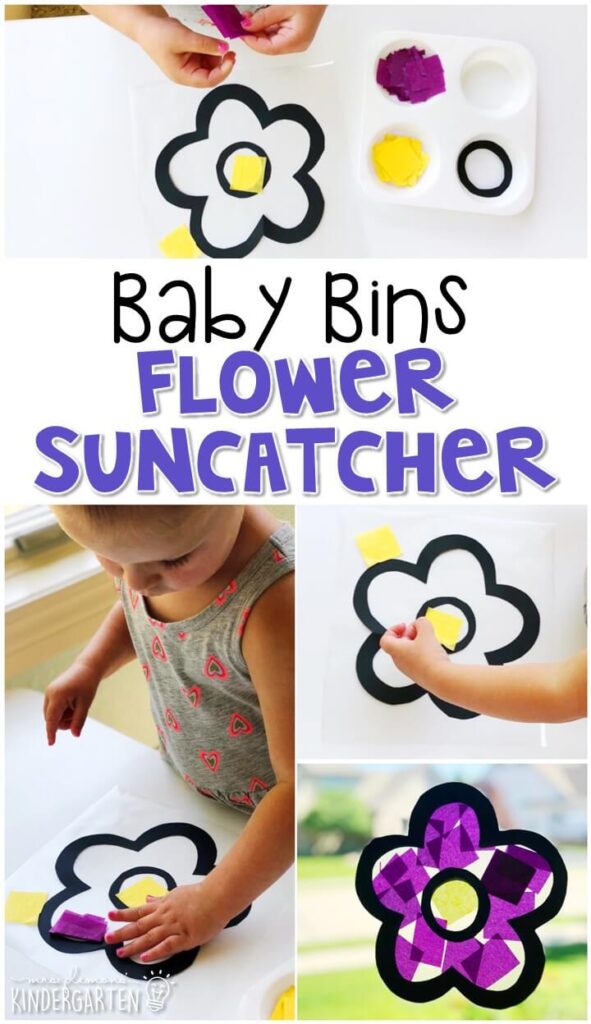 This flower suncatcher activity is great for fine motor practice and always turns out adorable. Baby Bins are perfect for learning with little ones between 12-24 months old.