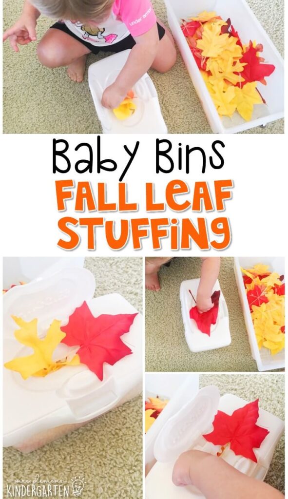 This leaf stuffing activity is great for a fall theme and is completely baby safe way to build fine motor skills. These Baby Bin plans are perfect for learning with little ones between 12-24 months old.