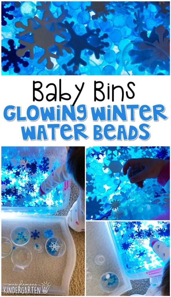 This glowing winter water beads sensory bin is great for a winter theme and is a great way to introduce water beads to little ones. If they try to put them in their mouth put them in a ziploc. These Baby Bin plans are perfect for learning with little ones between 12-24 months old.