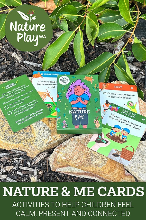 Nature and Me activity cards spread out on a rock