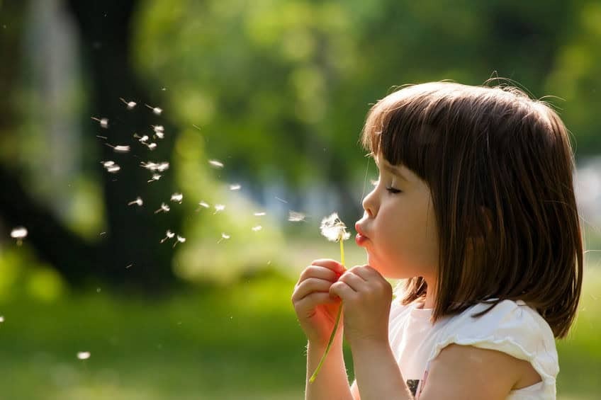 a girl blowing a dandelion in a park making a wish