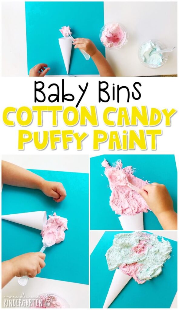 This cotton candy puffy paint activity is great for fine motor practice and always turns out adorable. Baby Bins are perfect for learning with little ones between 12-24 months old.