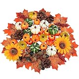 68 Pcs Assorted Mini Artificial Pumpkins with Maple Leaves Pinecones Acorns Sunflowers Berries Fall Decorating Kit for Fall Wedding Thanksgiving Halloween Table Centerpiece Wreaths Vase Bowl Fillers