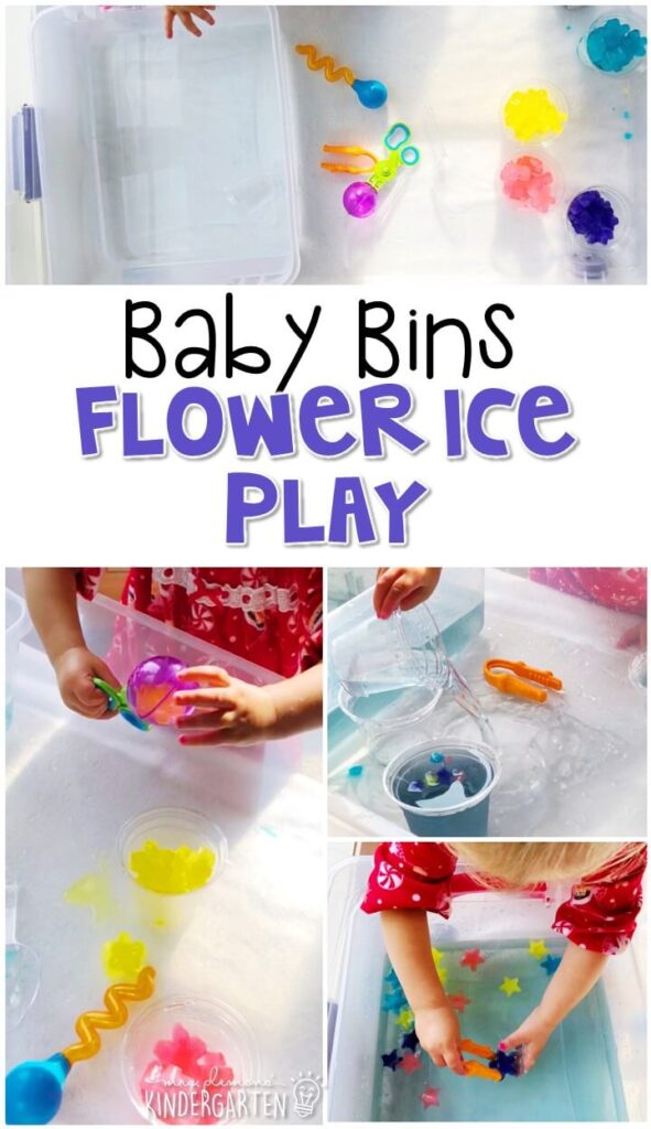 This flower ice play sensory bin is so much fun to explore with a spring theme and is completely baby safe. These Baby Bin plans are perfect for learning with little ones between 12-24 months old