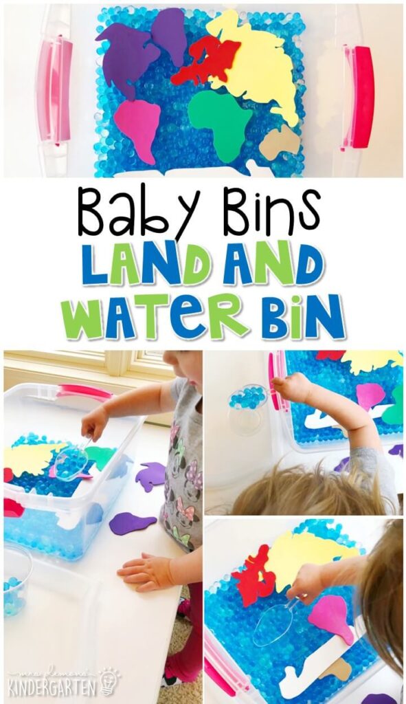 This land and water sensory bin is great for learning about the Earth and is completely baby safe. These Baby Bin plans are perfect for learning with little ones between 12-24 months old.