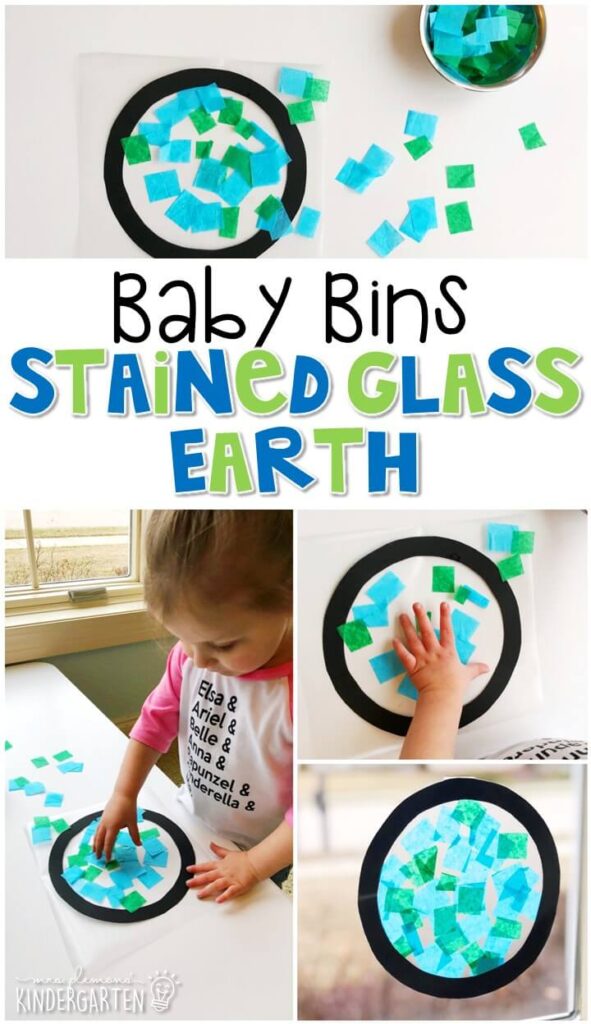 This stained glass Earth activity is great for fine motor practice and turns out so pretty. Baby Bins are perfect for learning with little ones between 12-24 months old.