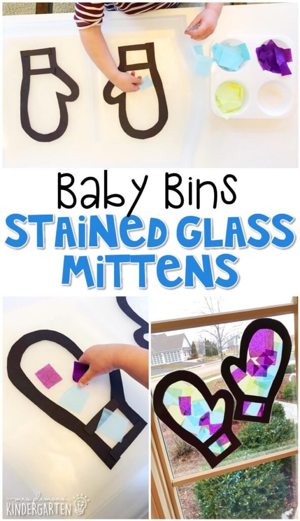 This stained glass mitten activity is great for fine motor practice and always turns out adorable. Baby Bins are perfect for learning with little ones between 12-24 months old.