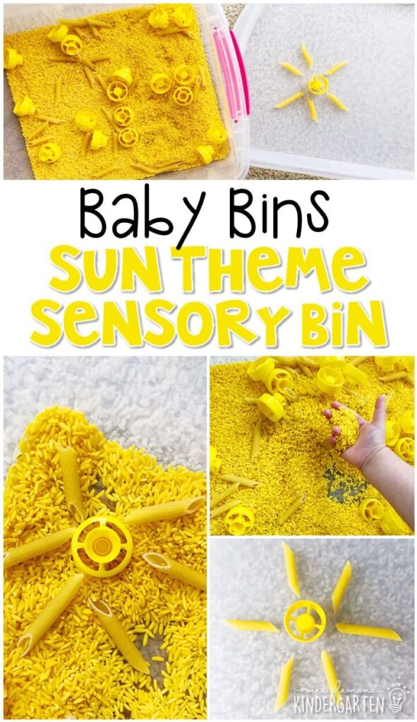This sun theme sensory bin is great for learning about summer and is completely baby safe. These Baby Bin plans are perfect for learning with little ones between 12-24 months old.