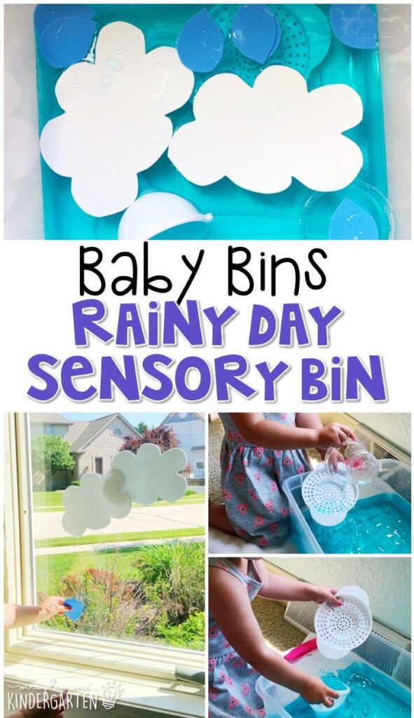 We love water sensory bins, so this rainy day sensory bin was a favorite! It is great for learning about spring and is completely baby safe. These Baby Bin plans are perfect for learning with little ones between 12-24 months old