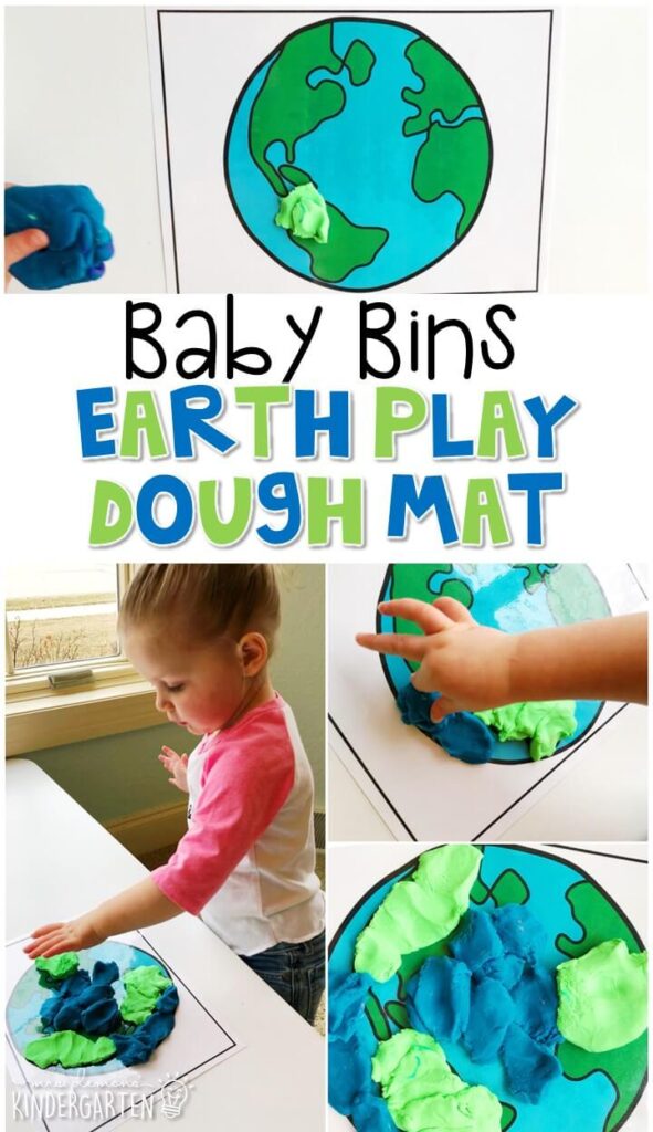 This earth play dough mat is a fun way to pretend, build and explore with an Earth Day theme while working on fine motor skills. These Baby Bin plans are perfect for learning with little ones between 12-24 months old.