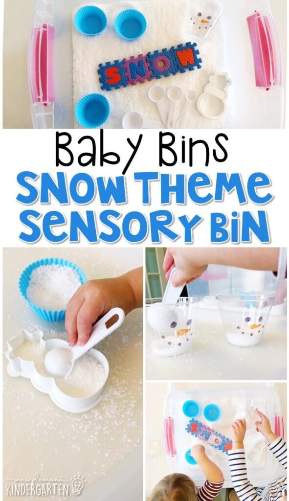 This snow themed sensory bin is great for learning about winter and playing in the snow. These Baby Bin plans are perfect for learning with little ones between 12-24 months old.