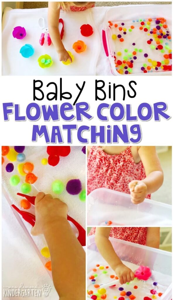 This flower color matching sensory bin is great for exploring colors and sorting with a spring theme and is completely baby safe. These Baby Bin plans are perfect for learning with little ones between 12-24 months old.