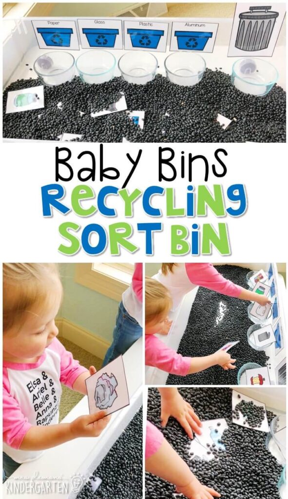 This recycling sort sensory bin is great for practicing sorting with an Earth Day theme and is completely baby safe. These Baby Bin plans are perfect for learning with little ones between 12-24 months old.