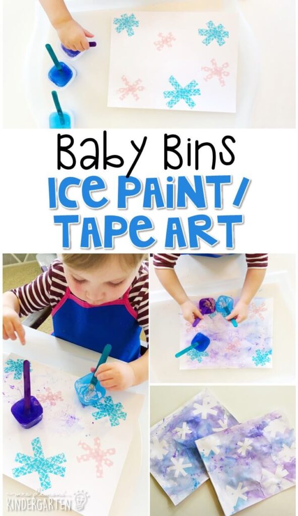 This ice paint and tape resist winter activity is great for fine motor practice and always turns out adorable. Baby Bins are perfect for learning with little ones between 12-24 months old